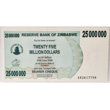 ZIMBABWE 2008 . TWENTY-FIVE MILLION 25,000,000 DOLLARS BANKNOTE